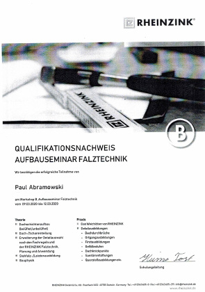 Qualifikationsnachweis Aufbauseminar Falztechnik Abramowski